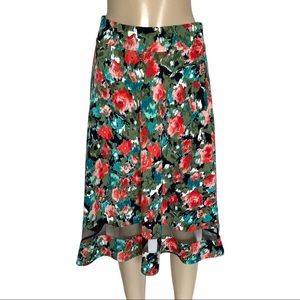 Faith and Joy Midi A-Line Skirt Red Rose Flowy Floral Sheer Panel Dress Skirt